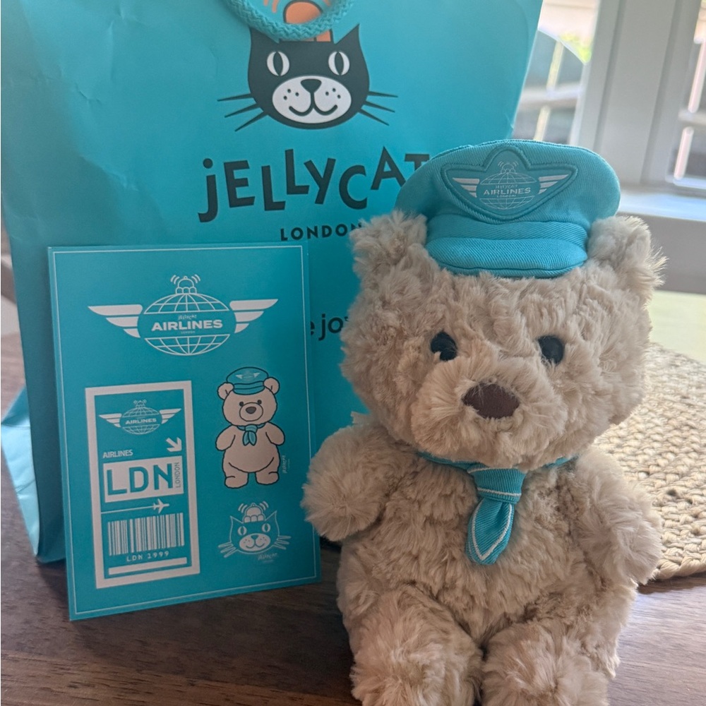 Jellycat Beige Plush Pilot Bear with Teal Hat and Scarf